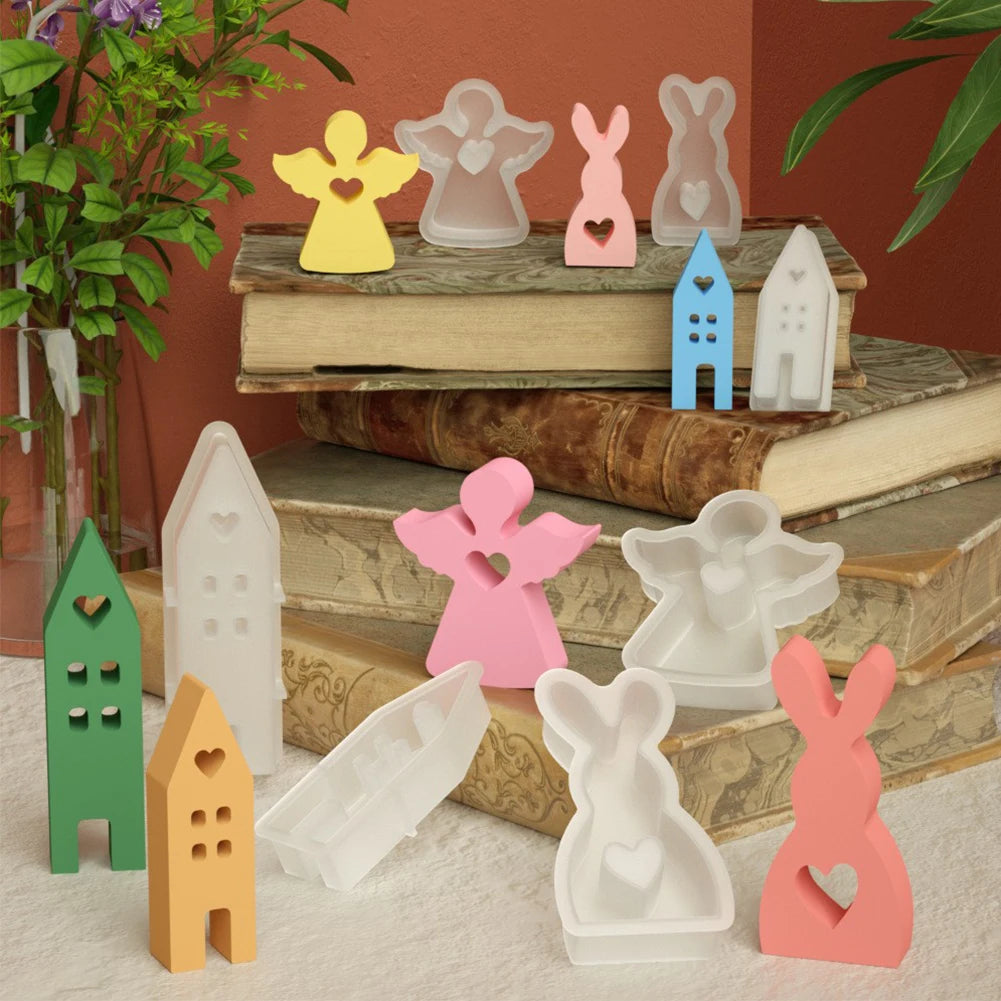 7Pcs Easter Silicone Molds House Rabbit Angel Resin Molds Casting Moulds for DIY Candle Candy Chocolate Soap