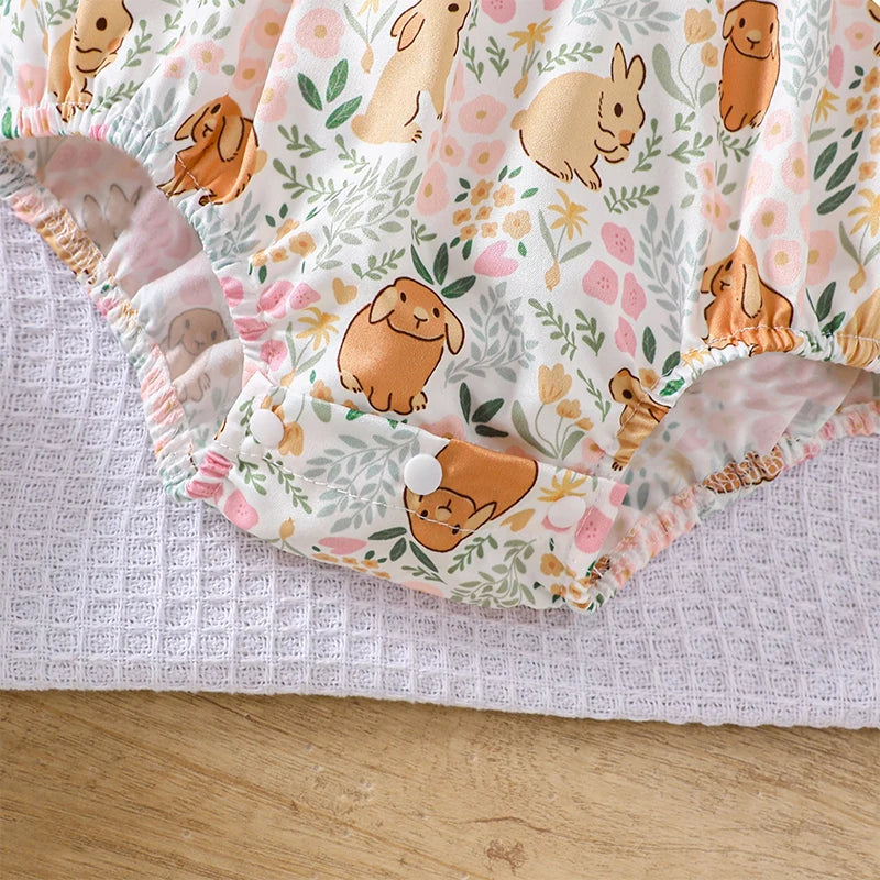 Adorable Infant Easter Jumpsuit with Cute Bunny Embroidery Short Sleeves Round Neck and Matching Bow Headband