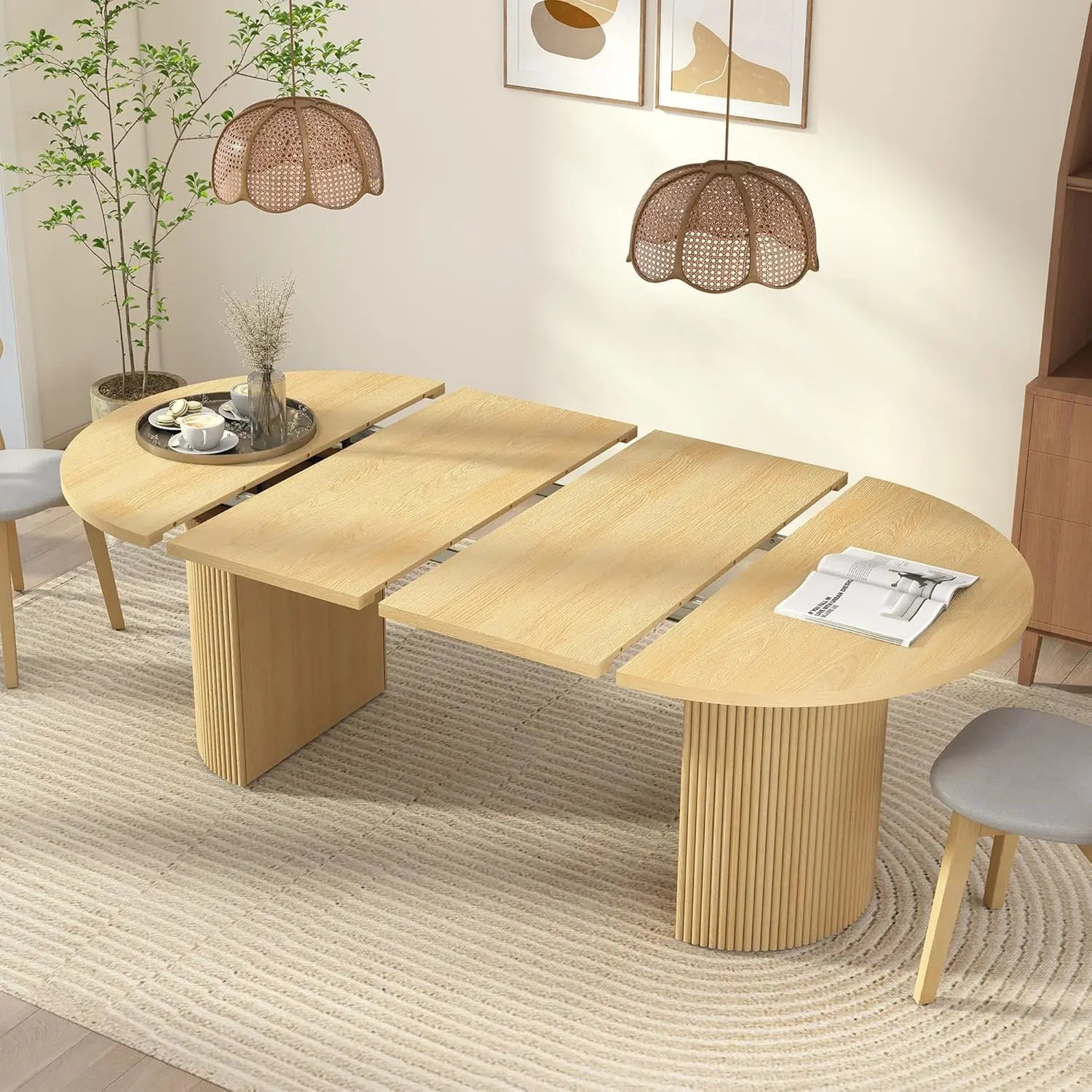 Extendable Dining Table 41-78in Seats 4-8 Round Expandable Kitchen Fluted Base Modern Oval Dining Room Living Room, Customized