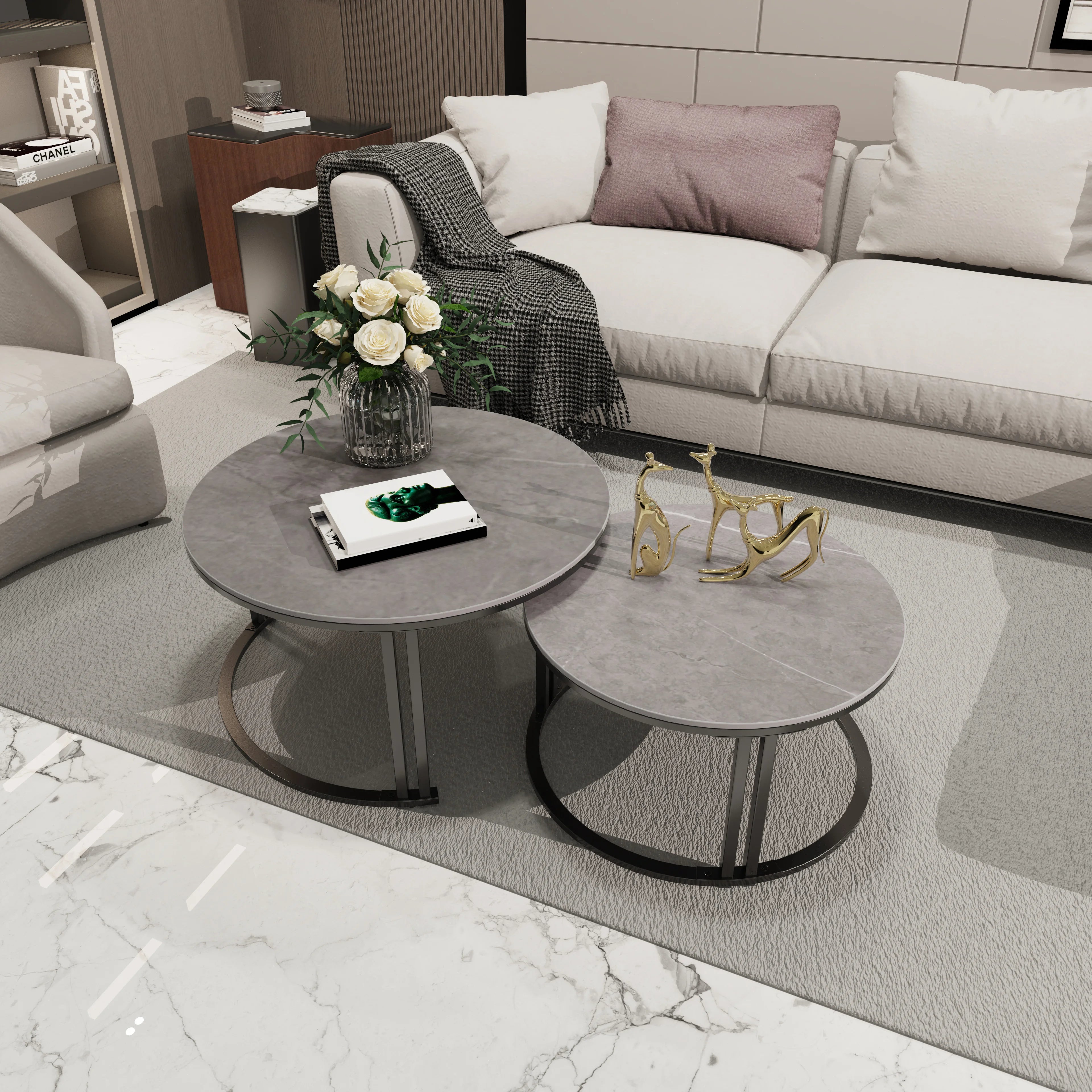 Circle Nesting Coffee Table Set of 2, Modern Chic Round Nested Center Coffee Table with Sinter Stone-top Stacked Sofa Side Table