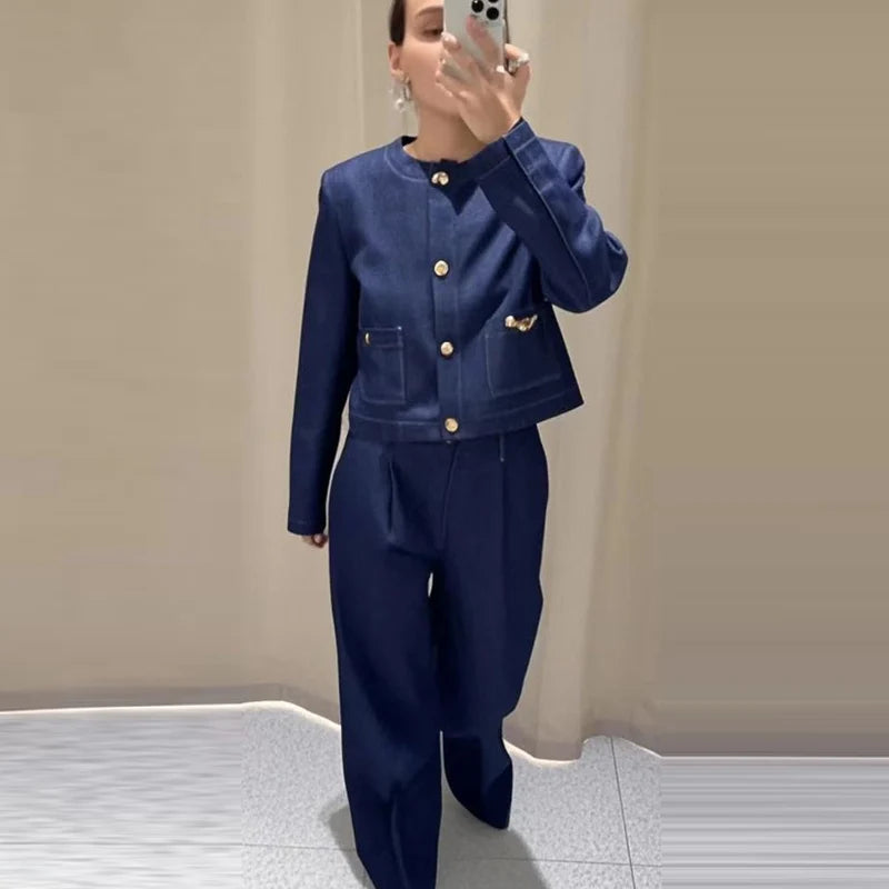 HXAO Woman 2025 Denim Pant Sets Women's Two Pieces Set Elegant Crop O-Neck Coat Suit Set 2 Piece Woman High Waist Trousers Sets