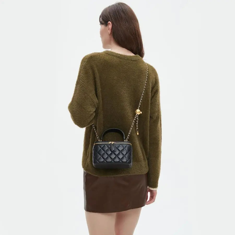 Quilted Box Crossbody Purse For Women Designer Leather Mini Top Handle Pouch Bag With Metal Chain Strap