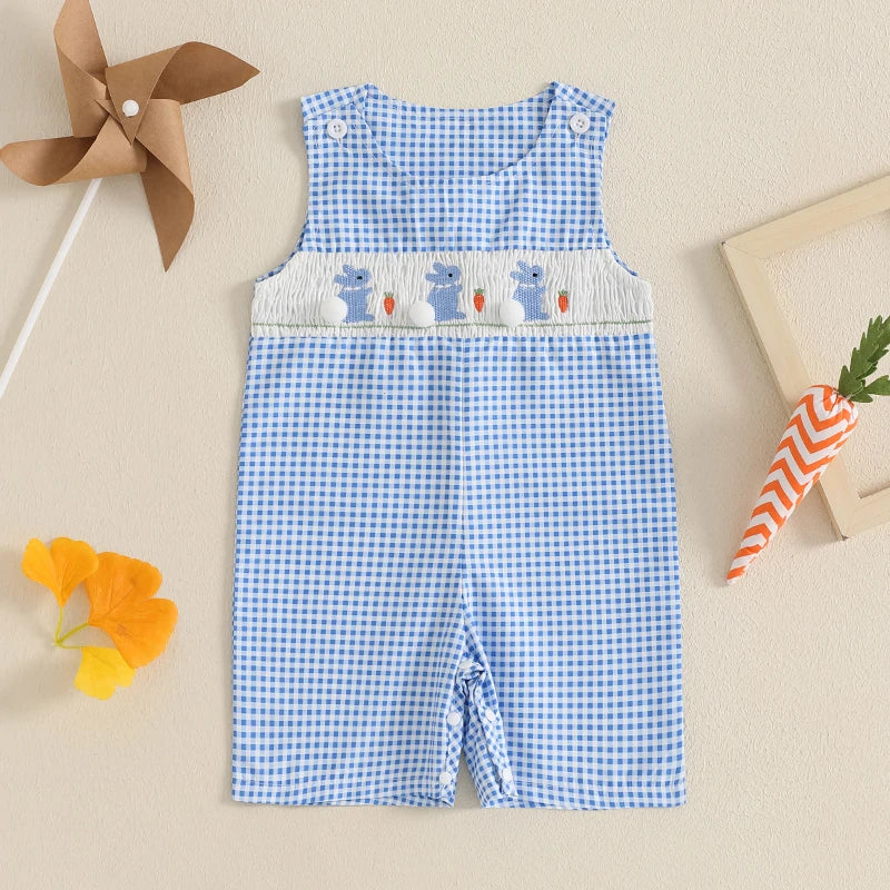 Adorable Toddler Girls Easter Outfits Bunny Print Sleeveless Rompers Plaid Overalls Jumpsuits with Carrot Embroidery