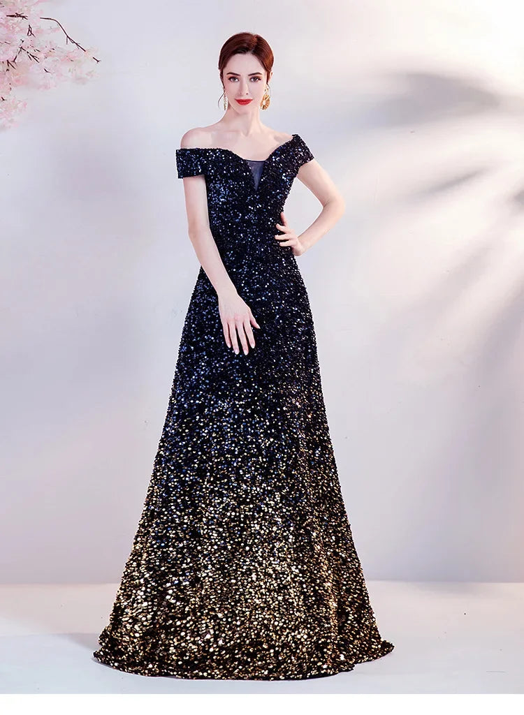 One Shoulder Evening Gown New Gradient Black Annual Party Stage Performance Host Walking Fish Tail Dress for Women 2026