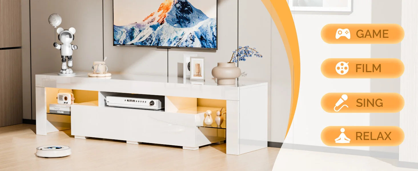 VINGLI LED TV Stand, 63'' High Glossy Modern Entertainment Center with LED Lights and Storage for 55/60/65/70 Inch TV - White