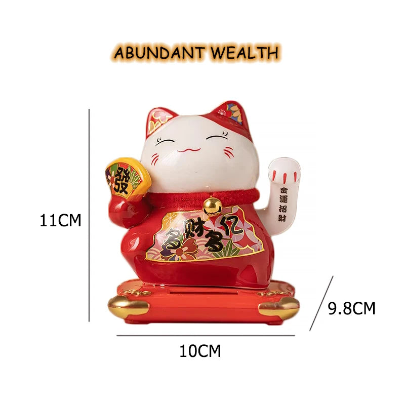 4.3 Inch Solar Powered Waving Ceramic Maneki-neko Lucky Beckoning Cat for Wealth Fortune, Home Office Decor, Gift for Prosperity