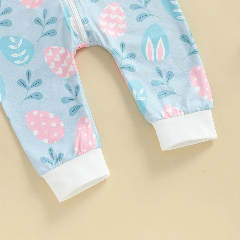 Easter Bunny Print Cotton Blend Long Sleeve Rompers for Infant Boys and Girls Hooded Spring Bodysuits with Cute Rabbit Design