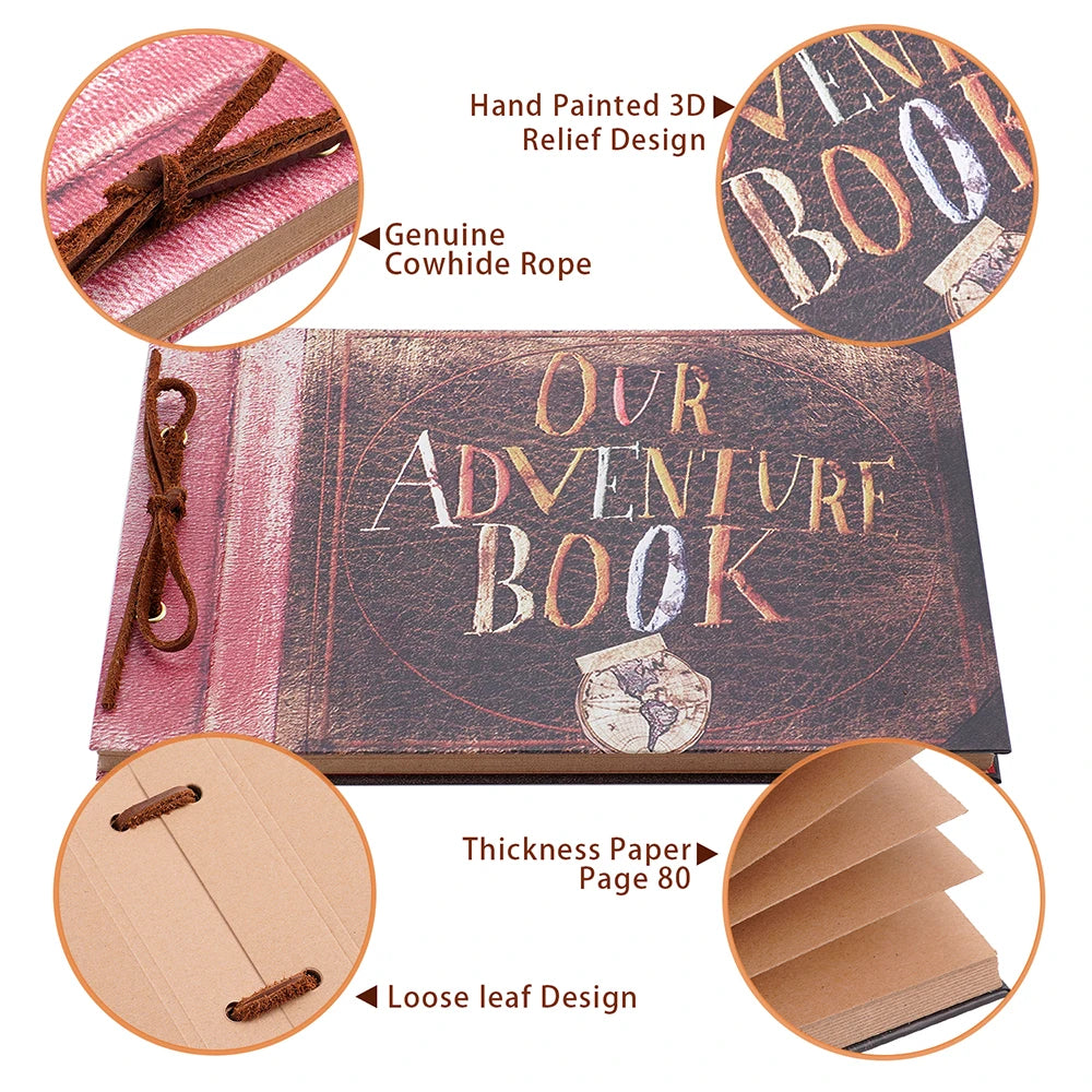 80 pages Our Adventure Book Scrapbook Photo Album 3d Retro Embossed Letter Hard Cover Friends Family Memo ry Book 11.9x7.6 Inch