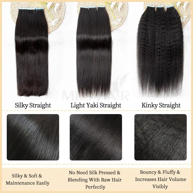 MRS HAIR Light Yaki Tape In Hair Extensions Human Hair Cuticle Remy Tape in Extensions SilkPressed Yaki Tape ins 12-26inch 20pcs