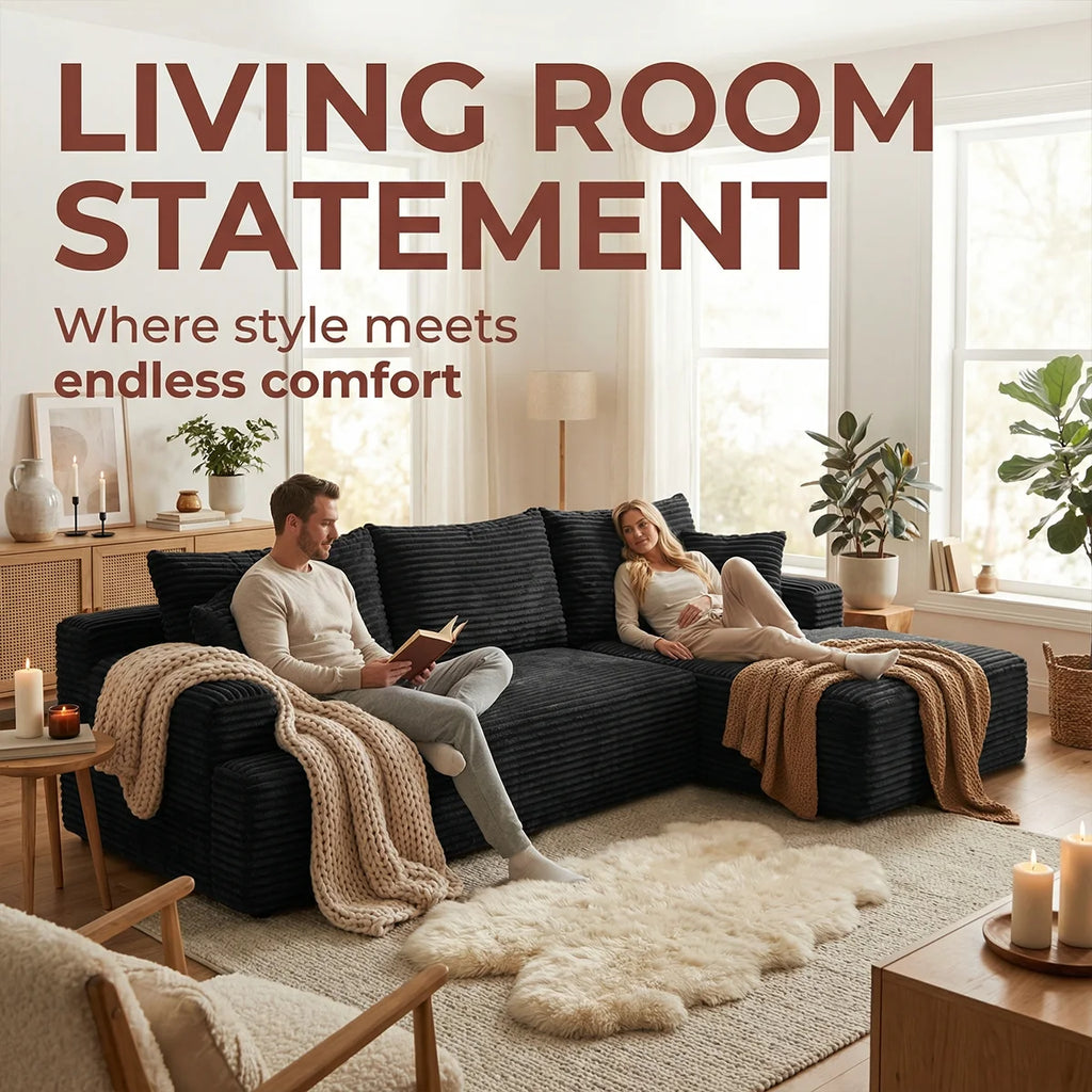 95" L-Shaped Sofa Chaise, No Assembly Required, Rabbit Fleece Upholstery, Ultra Soft & Comfortable, Ready to Use Out of the Box