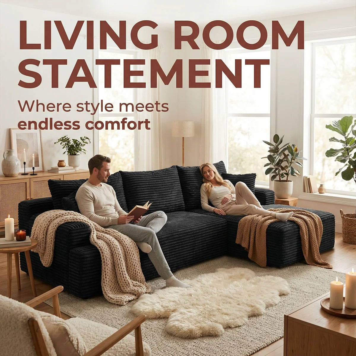 95" L-Shaped Sofa Chaise, No Assembly Required, Rabbit Fleece Upholstery, Ultra Soft & Comfortable, Ready to Use Out of the Box