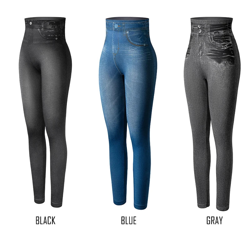 Push Up Seamless High Waist Faux Denim Leggings Women Casual Elastic Pocket Jeans Print Pants Skinny Pencil Leggins Mujer