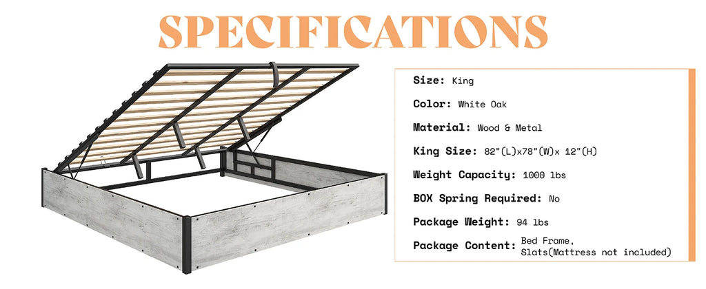 Lift Up Storage Bed, Queen Bed Frame with Storage Underneath, Wooden Platform Bed Frame, Solid Wood Slats Support