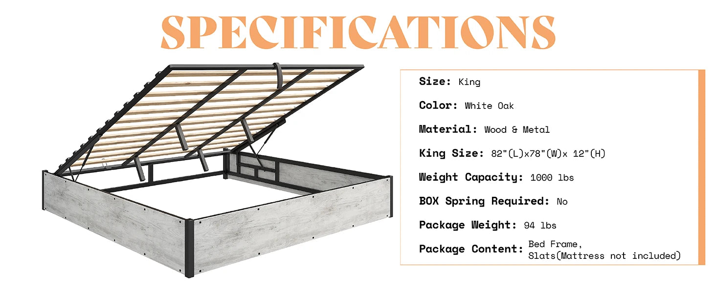 Lift Up Storage Bed, Queen Bed Frame with Storage Underneath, Wooden Platform Bed Frame, Solid Wood Slats Support