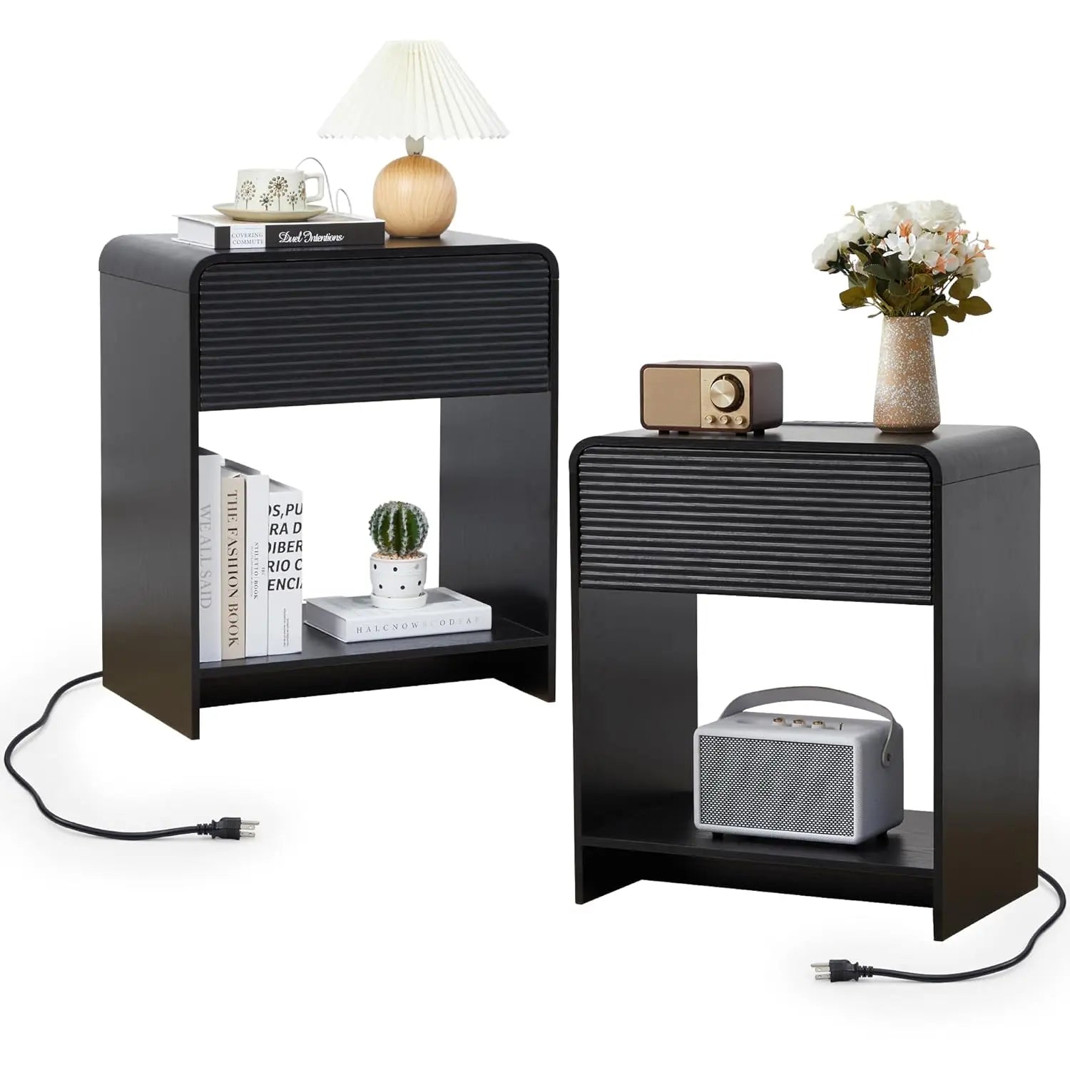 Fluted Nightstand Set of 2 with Charging Station, Modern Bed Side Table End Table with Drawer Storage, Large Wooden, Customized