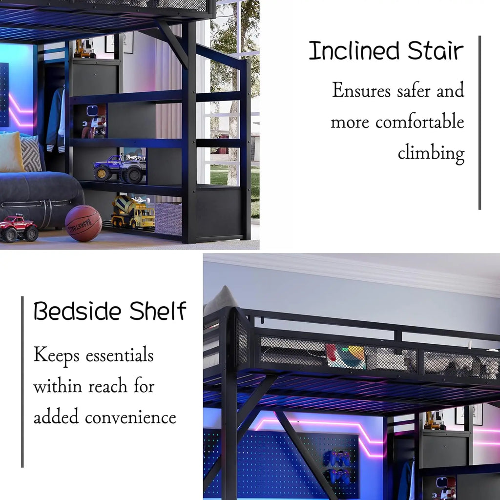 Queen Loft Bed with Storage Stairs, USB Ports & LED Lights - Black Woodgrain Metal Frame
