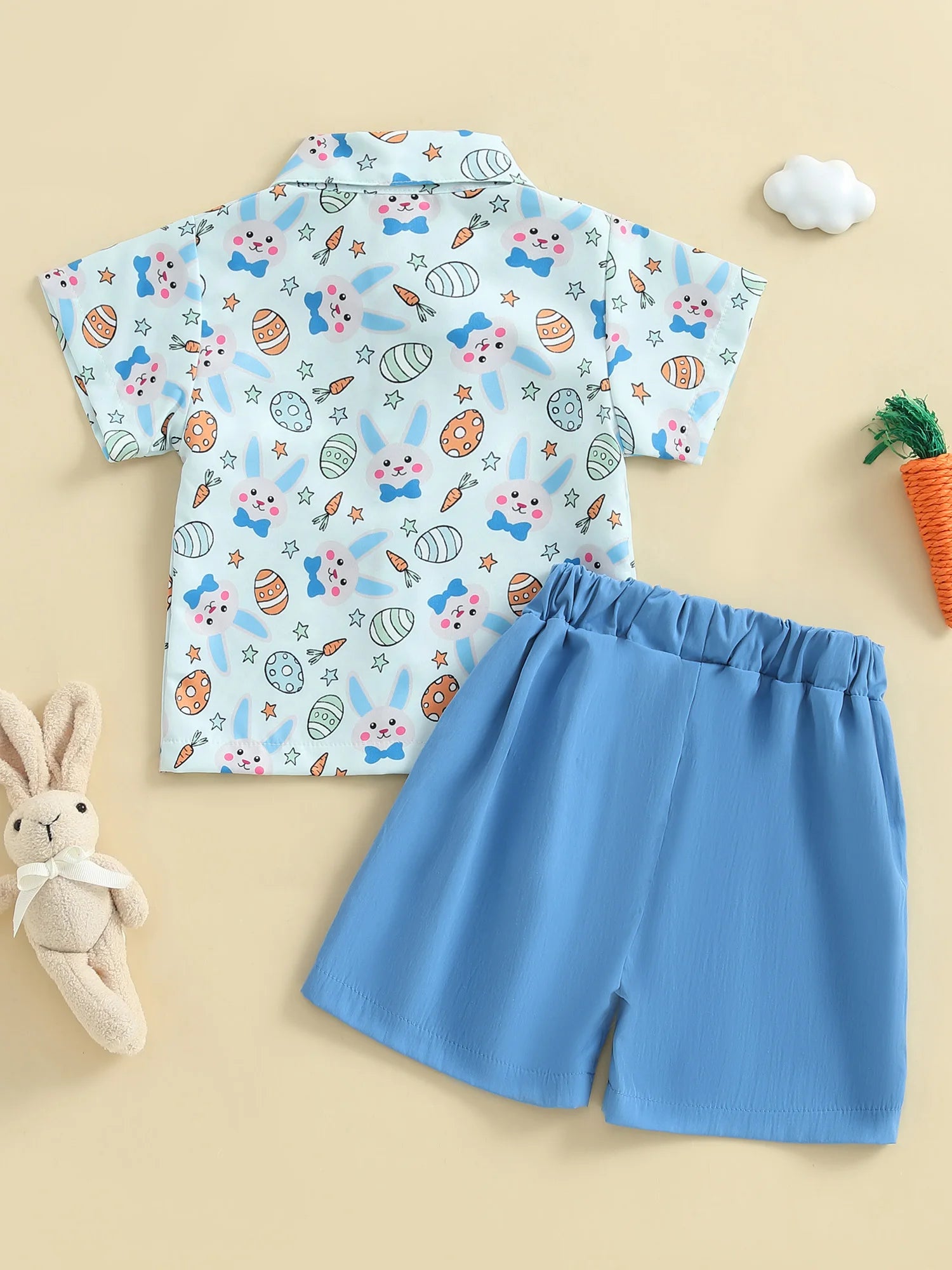 Toddler Boy Easter Outfit Bunny Egg Short Sleeve Button-up Shirt with Bowtie Solid Shorts 2 Piece Set for Spring Festivities