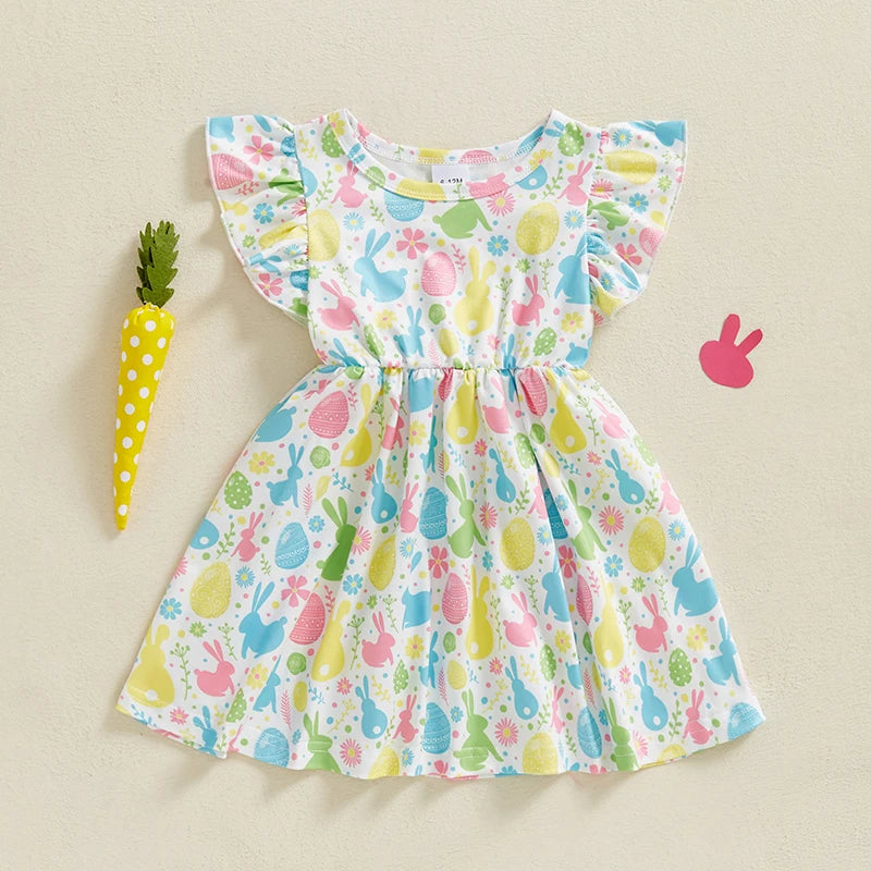 Baby Girl Easter Outfit Pink Floral Print Ruffle Sleeve Round Neck A-Line Dress for Spring and Summer Celebrations