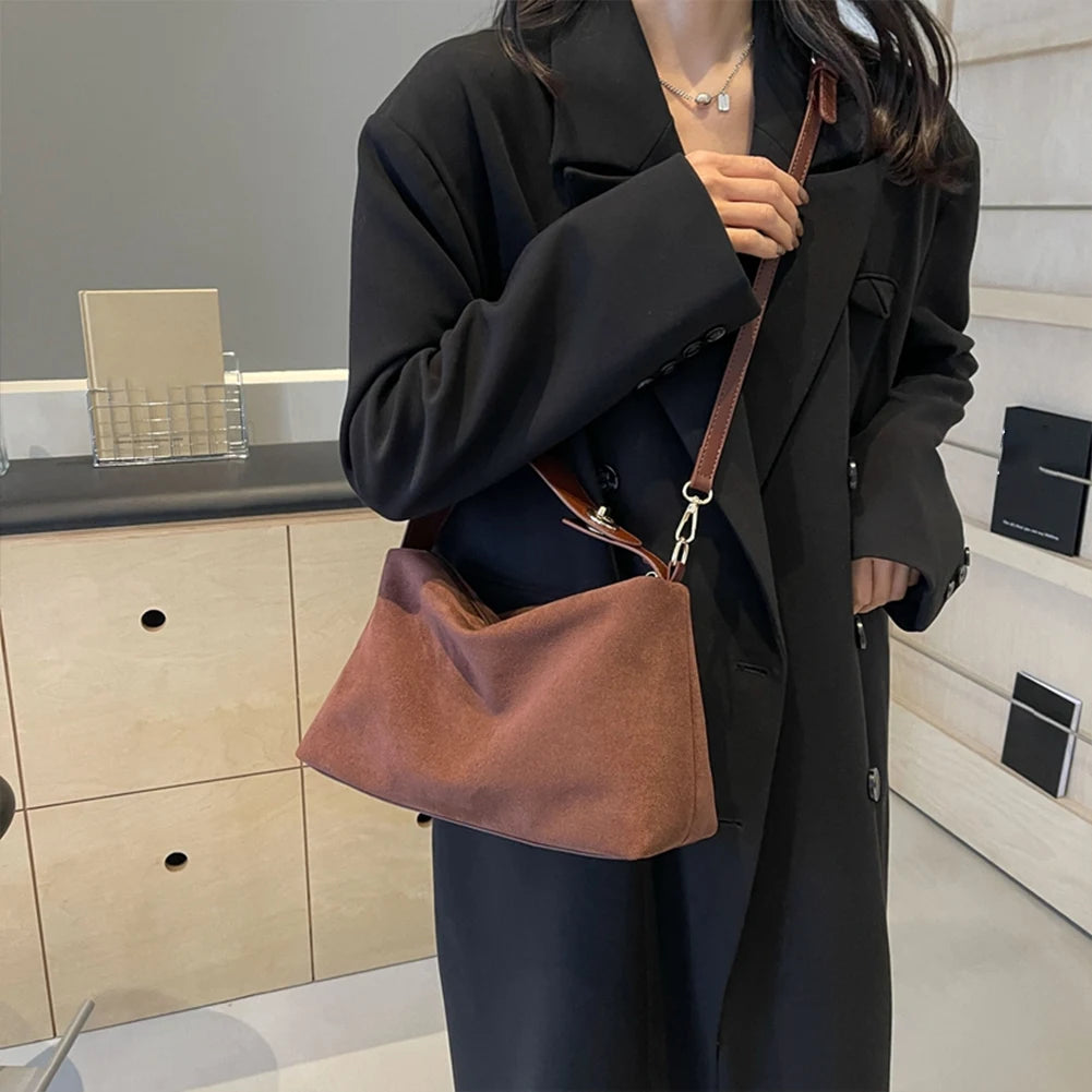 Fashion Autumn Winter Big Boston Tote Soft Matte Suede Cow Leather Women's Handbag Shoulder Crossbody Bag For Women Grey Brown