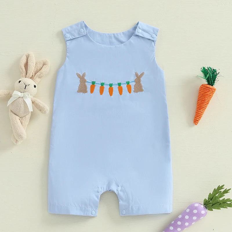 Infant Easter  Adorable Sleeveless Round Neck Rabbit Embroidered Loose Fit Romper Baby Jumpsuit Toddler Outfit for Spring