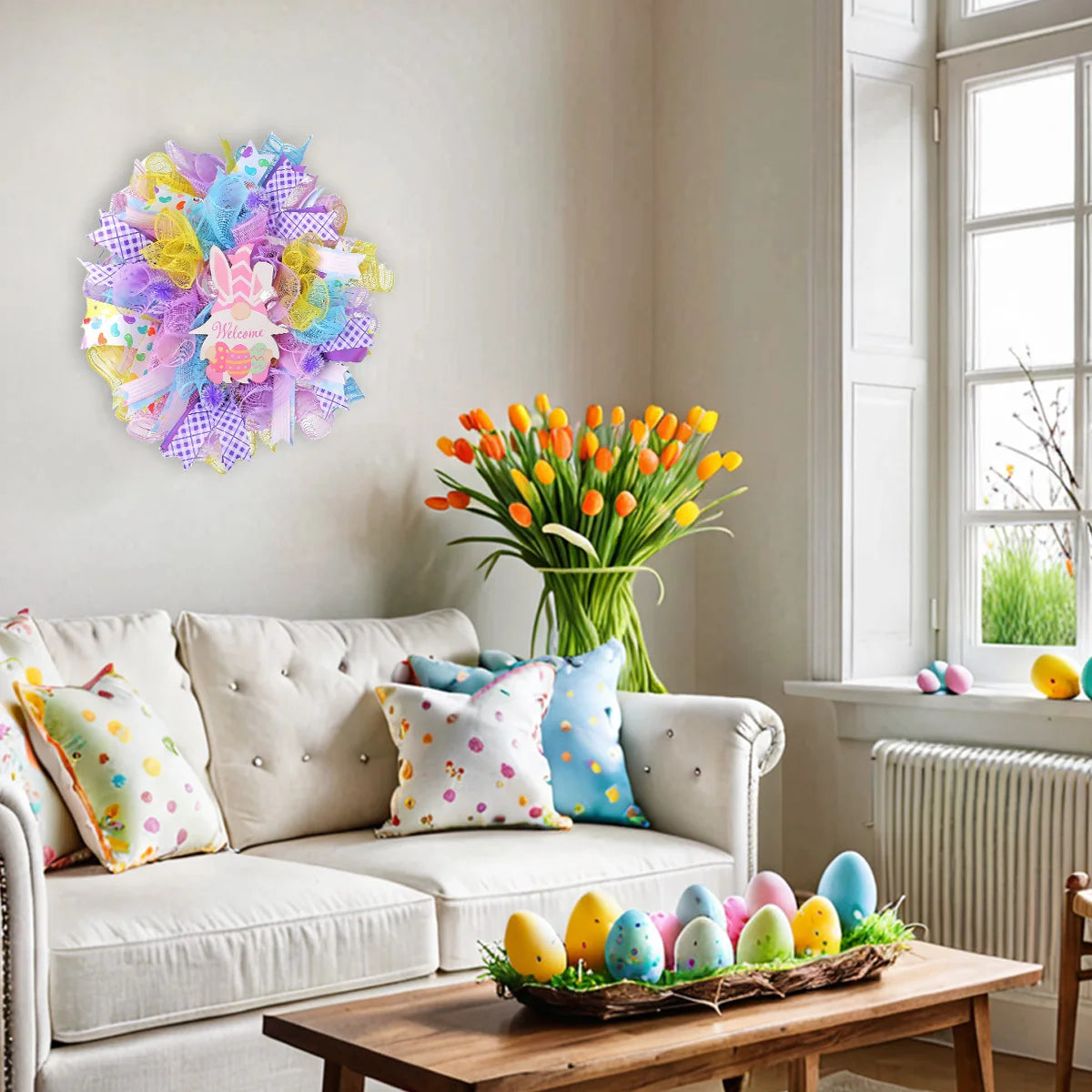 Easter Dwarf Rabbit Mesh Wreath, 15.7in Artificial Easter Gnome Door Hanging Wreath, Colorful Easter Bunny Welcome