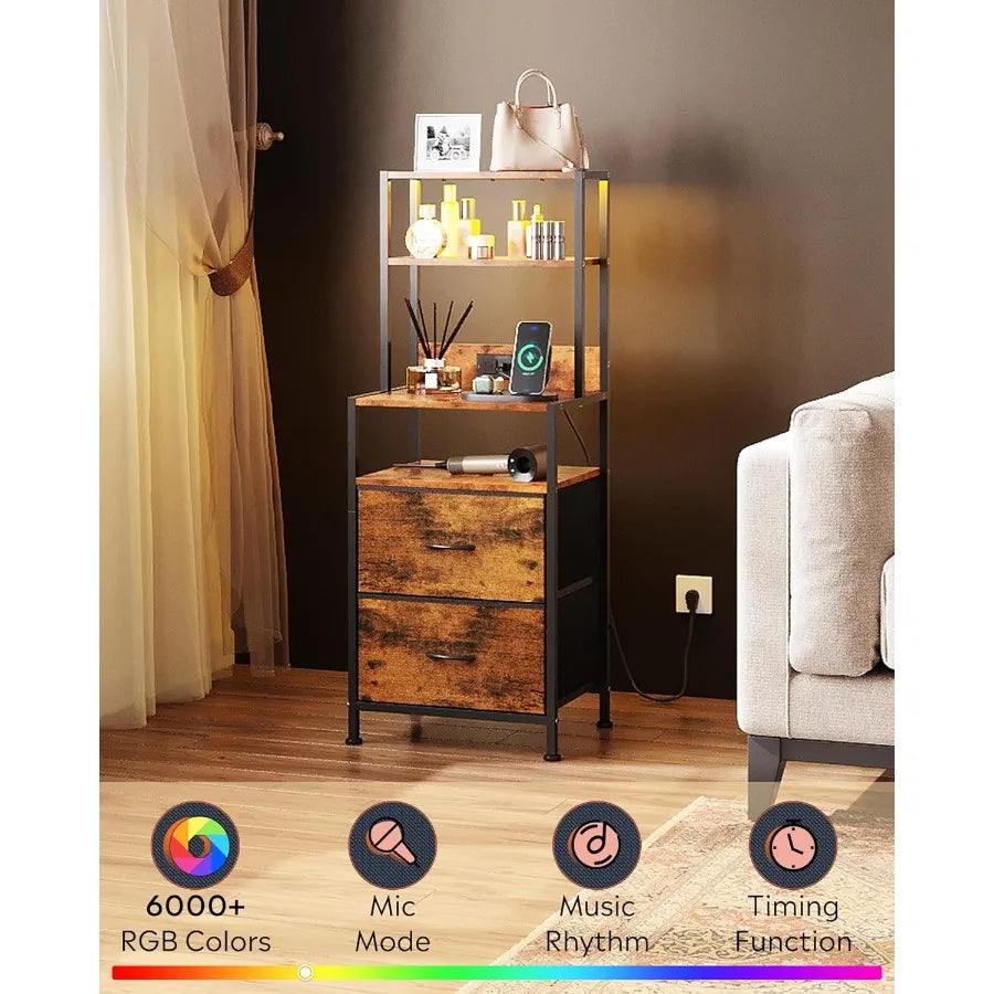 Nightstand Set of 2 with Charging Station LED Night Stand Sets with 2 Drawers and 4 Storage Open Shelves Fabric Dressers
