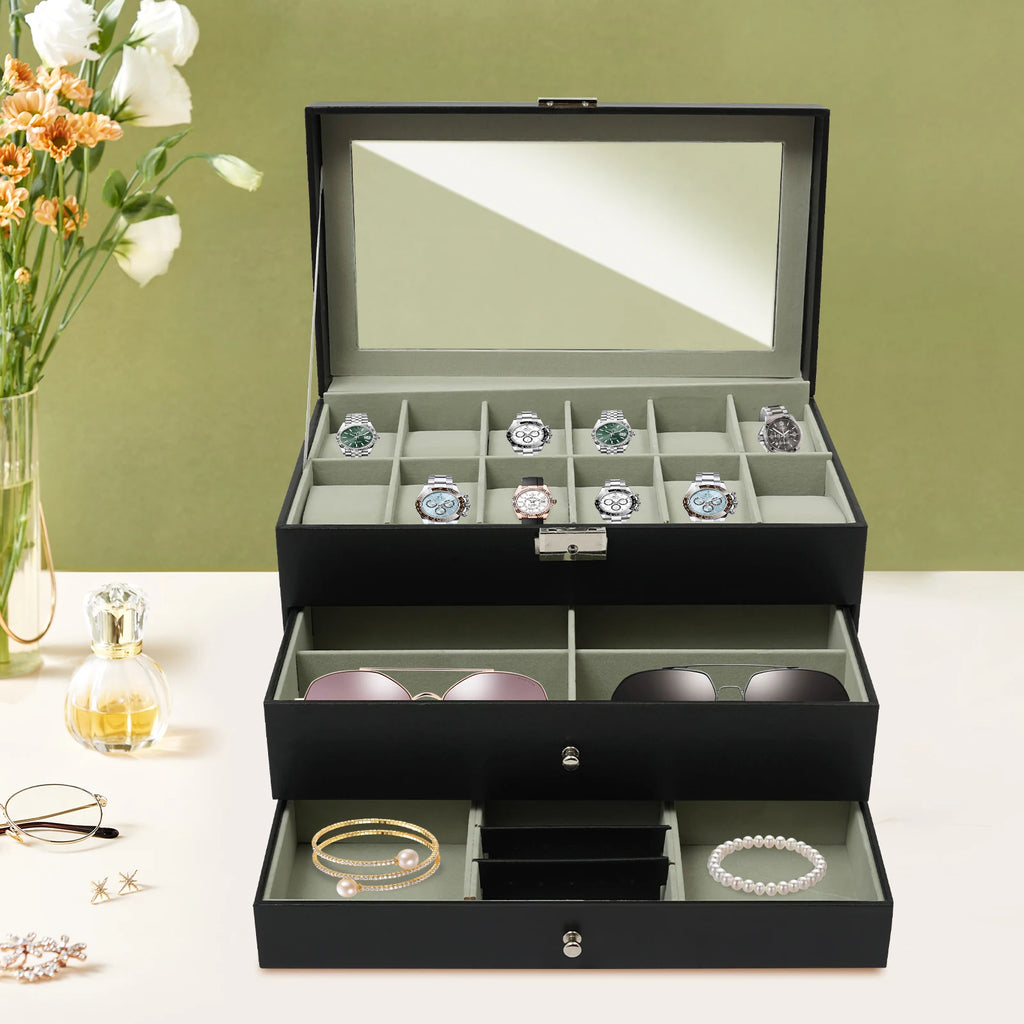 3 Tiers Jewelry Box Watch Display Case Display Desktop With Glass Top Jewelry Cabinet Storage Collection Organizer Black