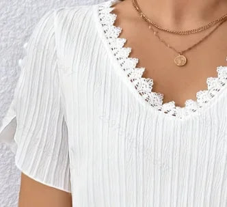 Plus Size 1XL-5XL Women's Solid Color Lace Panel Neckline T-shirt Women Clothing Tops