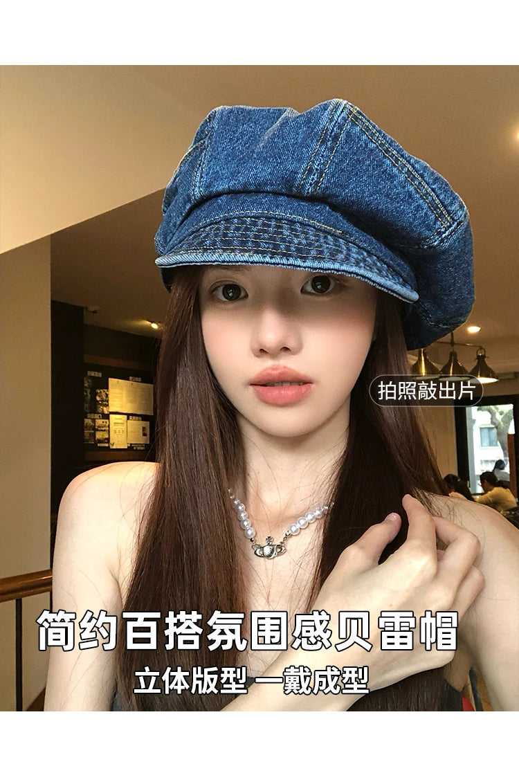 Japanese Retro Denim Cloud Berets Cap for Women Spring and Summer Casual Versatile Simple Literary Style Octagonal Newsboy Hat