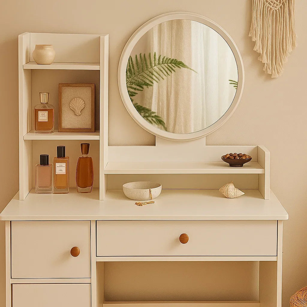 Modern White Vanity Table with LED Round Mirror, Makeup Desk with Drawers and Shelves, Dressing Table with Storage for Bedroom