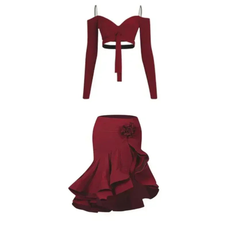 Sexy Off Shoulder Latin Top Ruffled Skirts Latin Dance Costume Stage Performance Clothes Samba Tango Dance Wear Set for Women