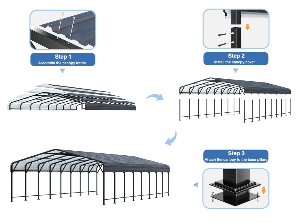 VIWAT 10x15~20x40FT Multi-Size Metal Carport w/ Enhanced Base Outdoor Heavy Duty Garage Galvanized Car Shelter for Graden Patio