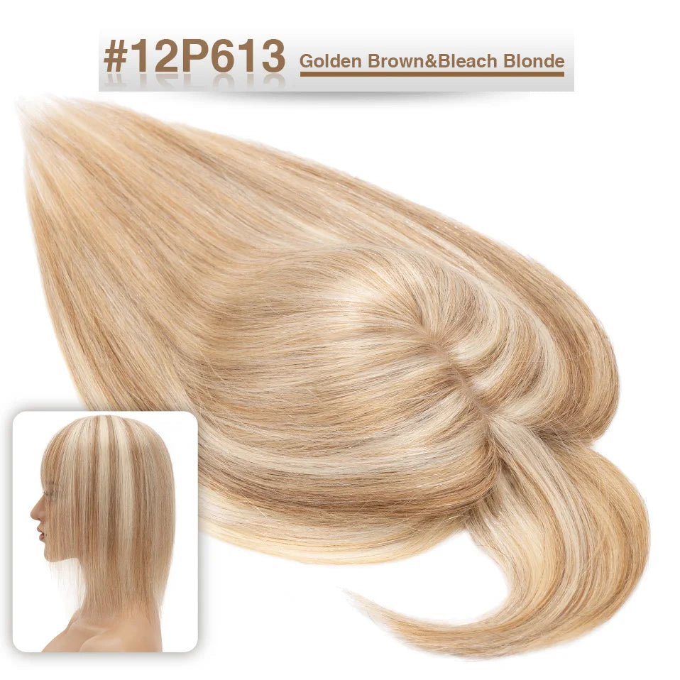 S-noilite Women Toppers Hair With Bangs Human Hair 7x13cm Silk Base Hair Cilp Wig Clip In Hair Extensions Hairpiece Natutal Hair