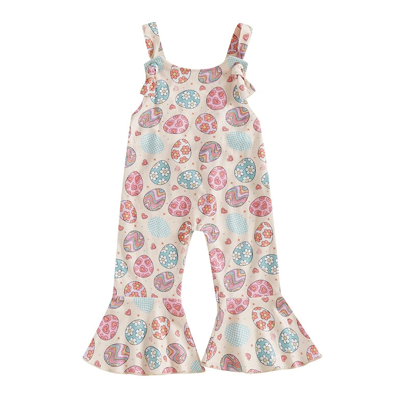 Toddler Easter Bunny Romper Sleeveless Jumpsuit with Egg Print Suspender Pants for Girls Spring Outfit Casual Wear