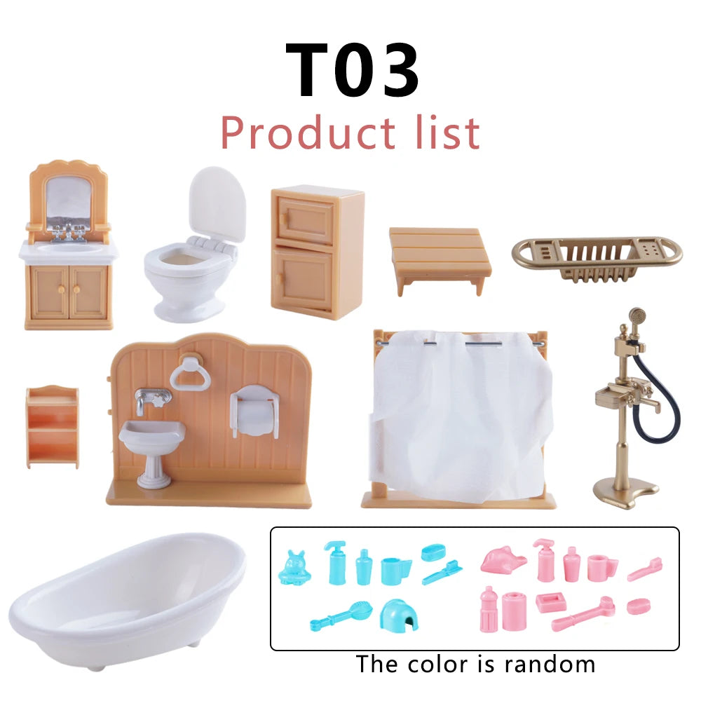 SENGTONGLE-T03 Bathroom Set Dollhouse Miniature Furniture Bathtub Pretend Play Doll House Accessories For Boy Girl Gifts