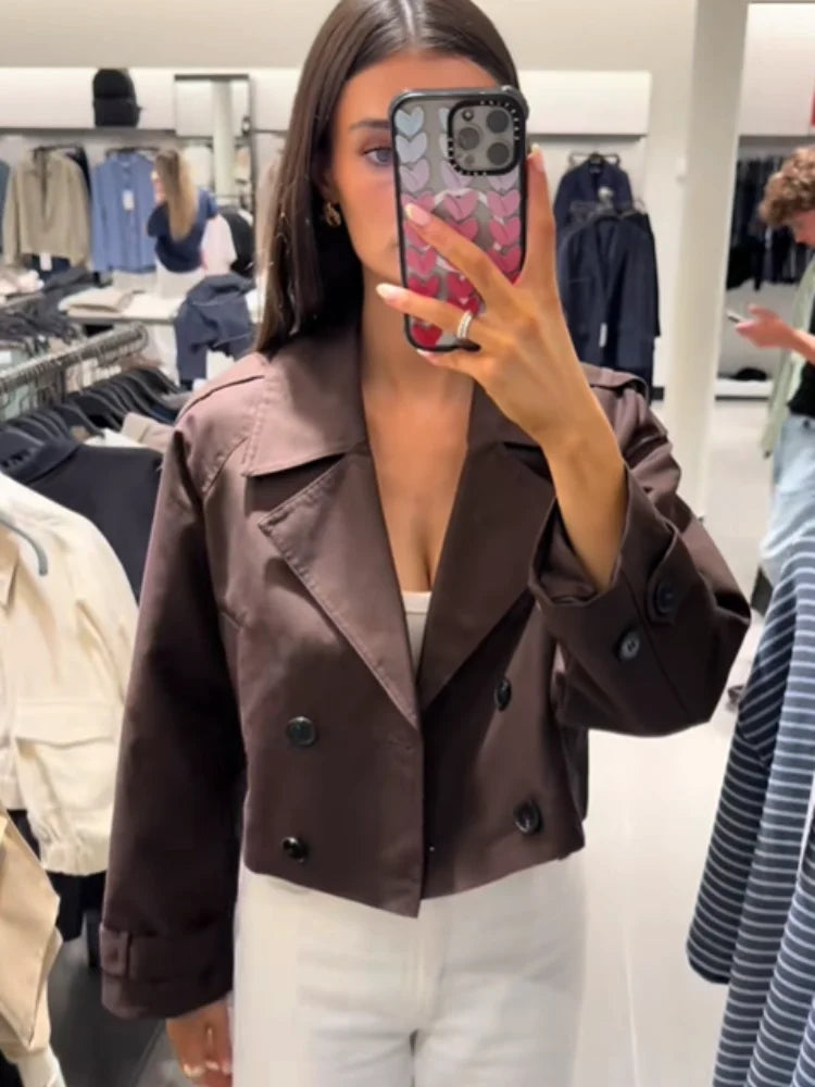 Solid Double-breasted Short Windbreaker Women Fashion Lapel Long Sleeve Slim Thin Jackets 2025 Autumn Female High Street Outwear