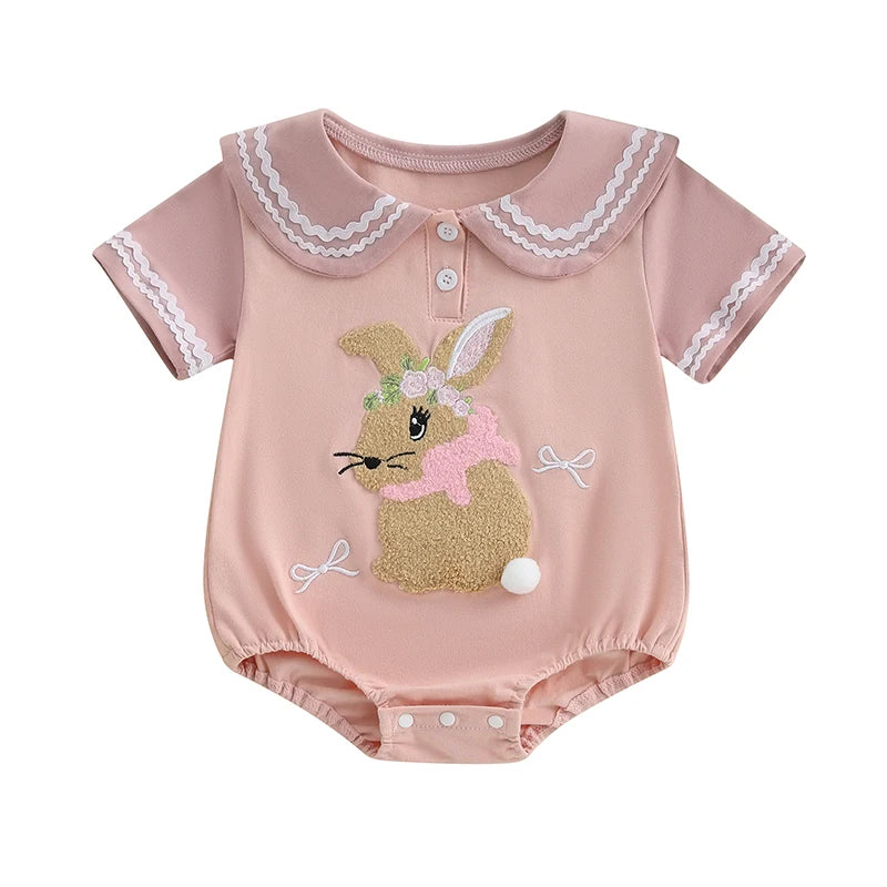 Adorable Infant Easter Jumpsuit with Sweetheart Neckline and Bunny Appliqué Short Sleeve Newborn Sailor Romper Outfit