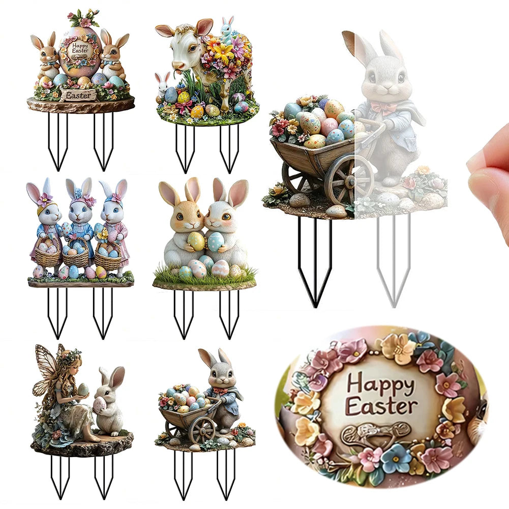 Easter Bunny Garden Stake Acrylic Easter Yard Sign 2D Flat Easter Rabbit Garden Signs for Easter Decorations