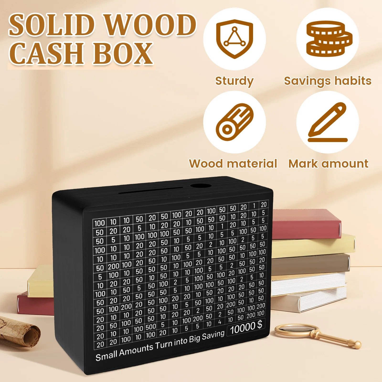 Wood Piggy Banks Cash Saving Box Piggy Bank with Saving Target Savings $500/$10000 Challenge Money Box for Adults Kids Money Box