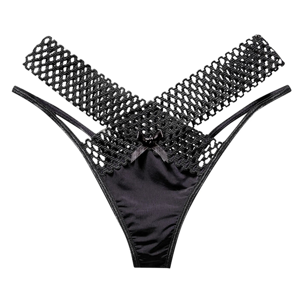 Fashion Low Waist Hollow Out Thongs French Style Bowknot Satin Silk Panties Solid Color Underwear Women Mesh Briefs Daily