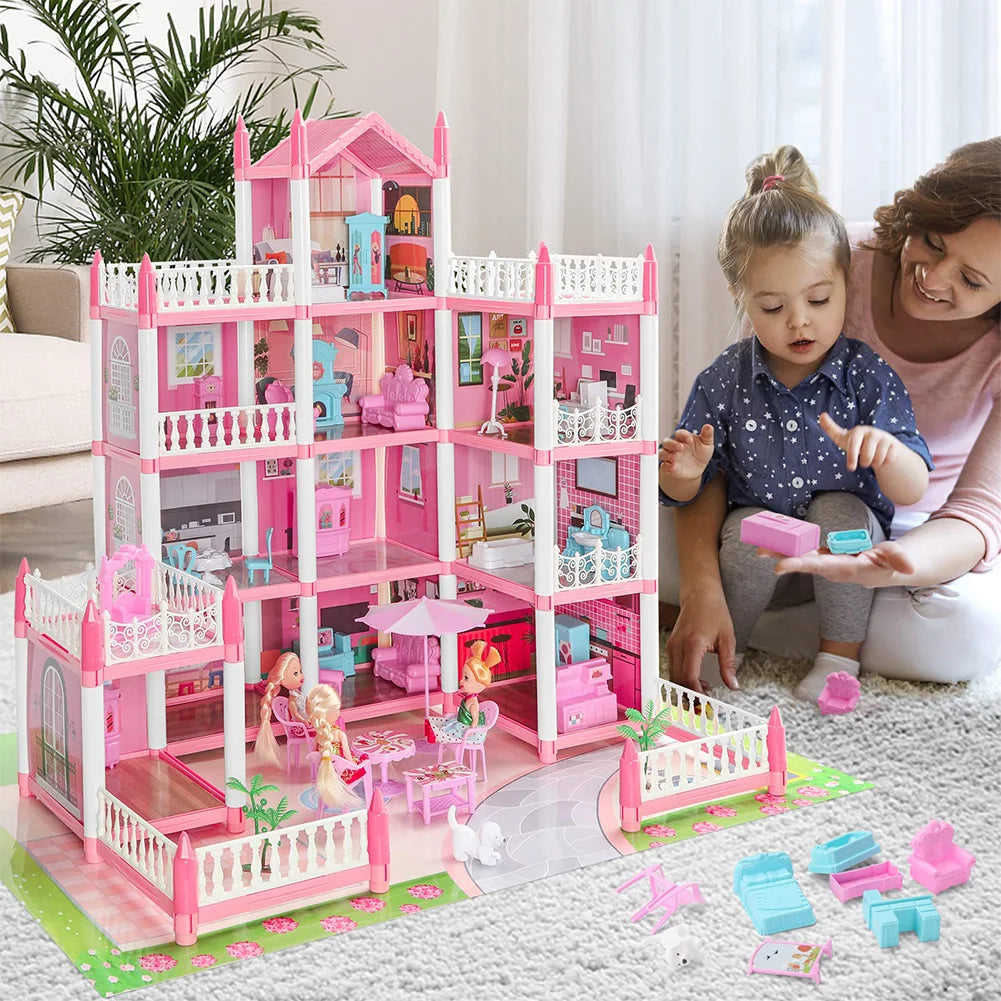Pretend-Play DIY Dollhouse Kit with 4 Dolls DIY House Model Landscape Furniture and Accessories Set for Girls Birthday Gift