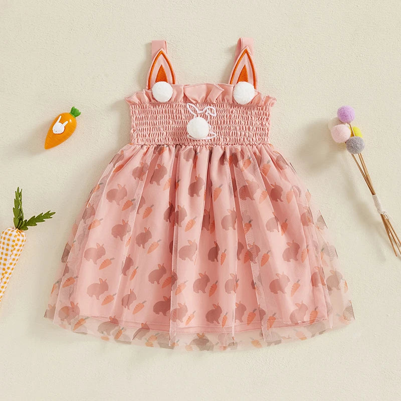Girls Easter Bunny Print Sleeveless Dress Summer Fashion Casual Kids Princess Dress with Carrot Pattern