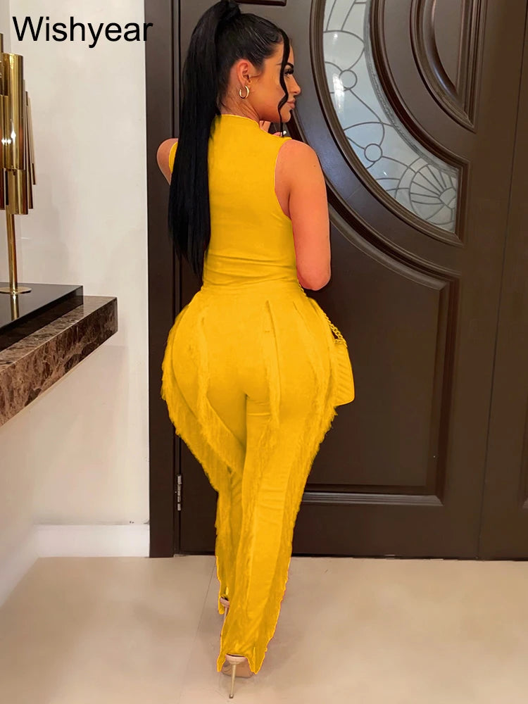 Fashion Sleeveless Top and Drawstring High Waist Fringed Straight Pants Tassel Two Piece Sets Women Streetwear Autumn Tracksuit