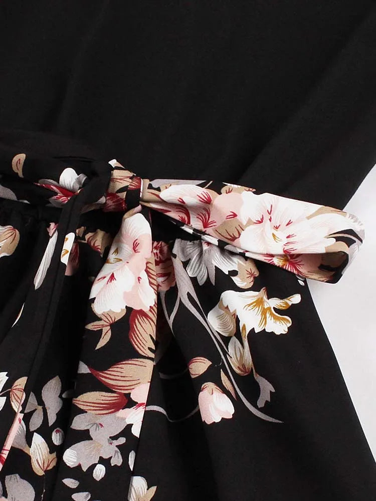 Retro Vintage Women's Summer Dress V-Neck Sleeveless High Waist Chic Floral Print with Belt 50s Style