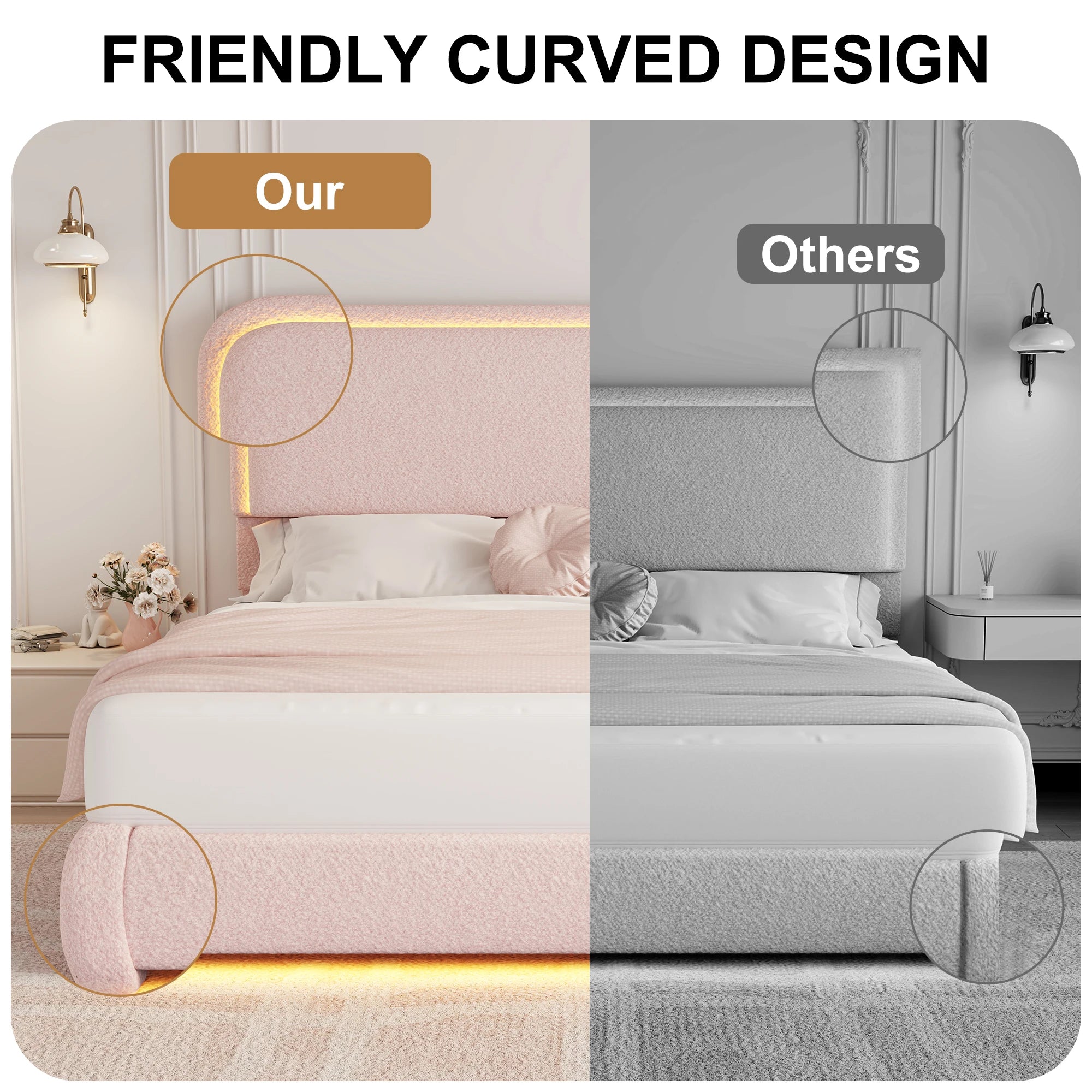 Full Size LED Bed Frame with Storage Drawers, Teddy Upholstery, Rounded Headboard, Soft and Cozy, No Box Spring Needed
