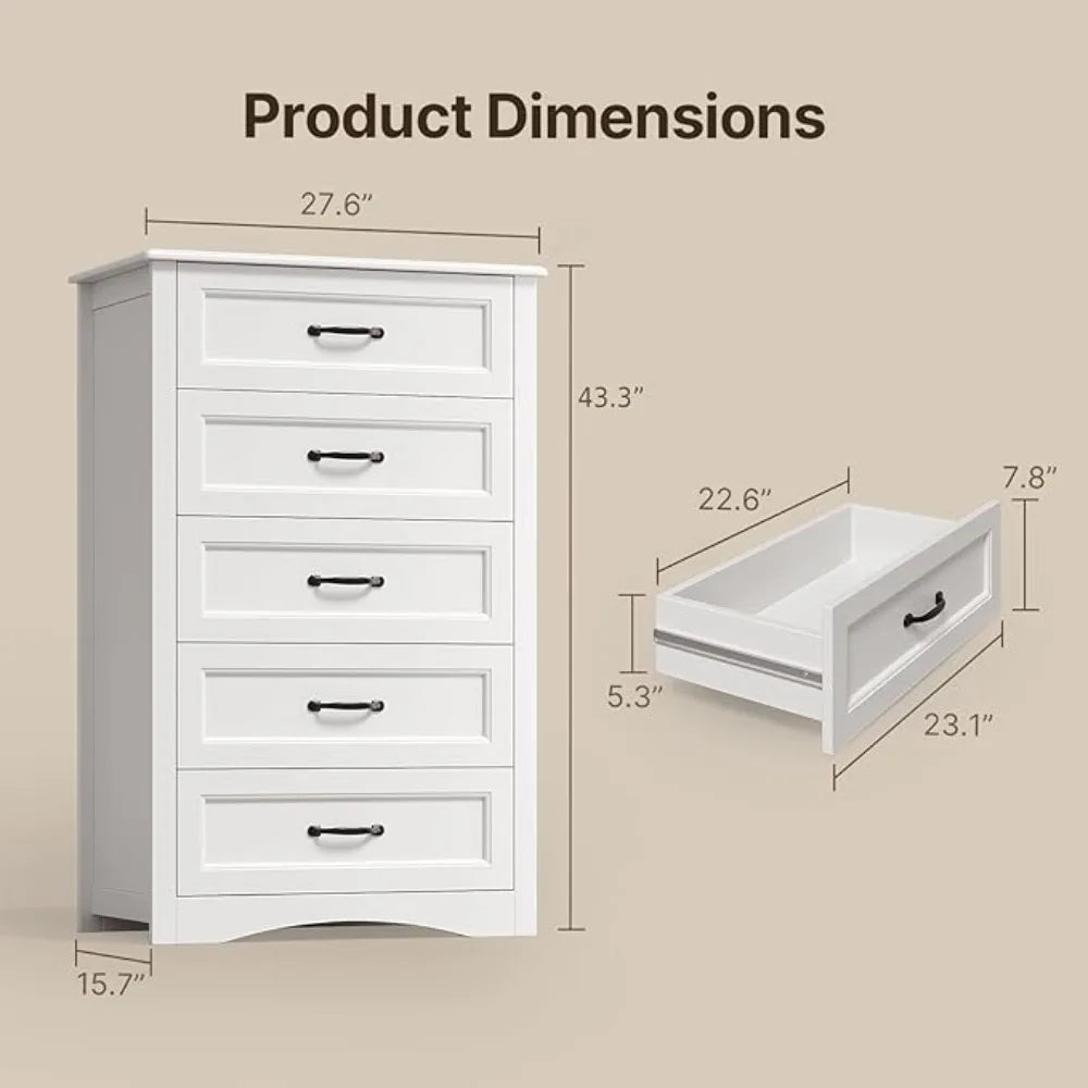5-drawer dressing table, white wooden bedroom drawer cabinet, 43.3-inch large capacity storage cabinet with anti tipping device