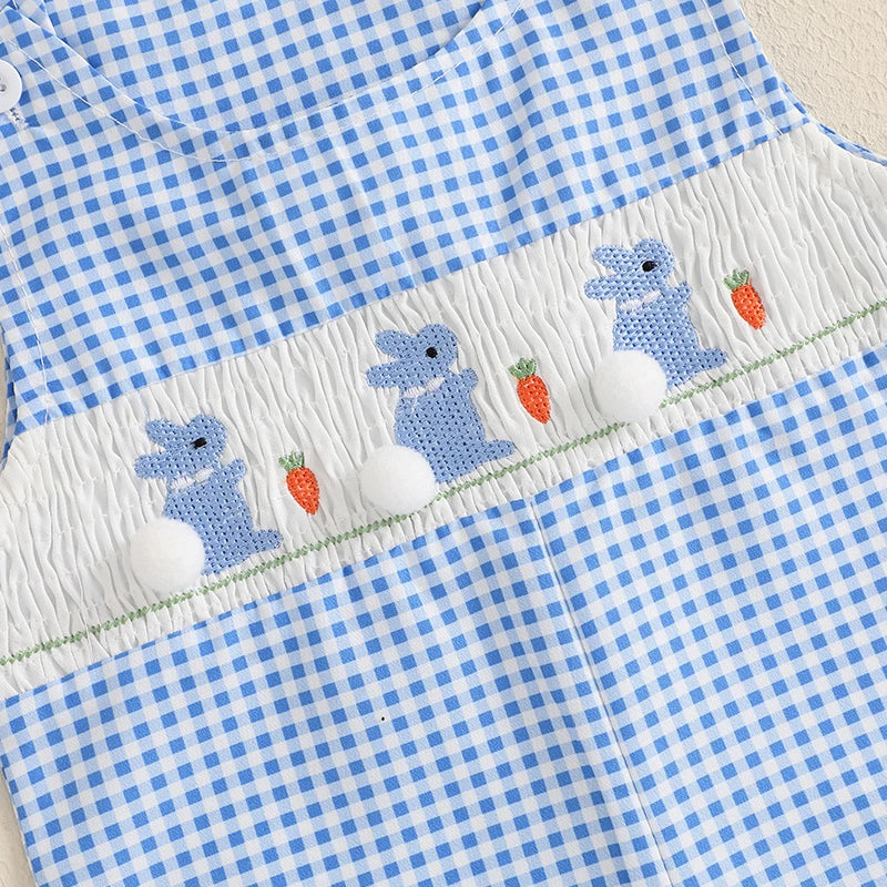 Adorable Toddler Girls Easter Outfits Bunny Print Sleeveless Rompers Plaid Overalls Jumpsuits with Carrot Embroidery