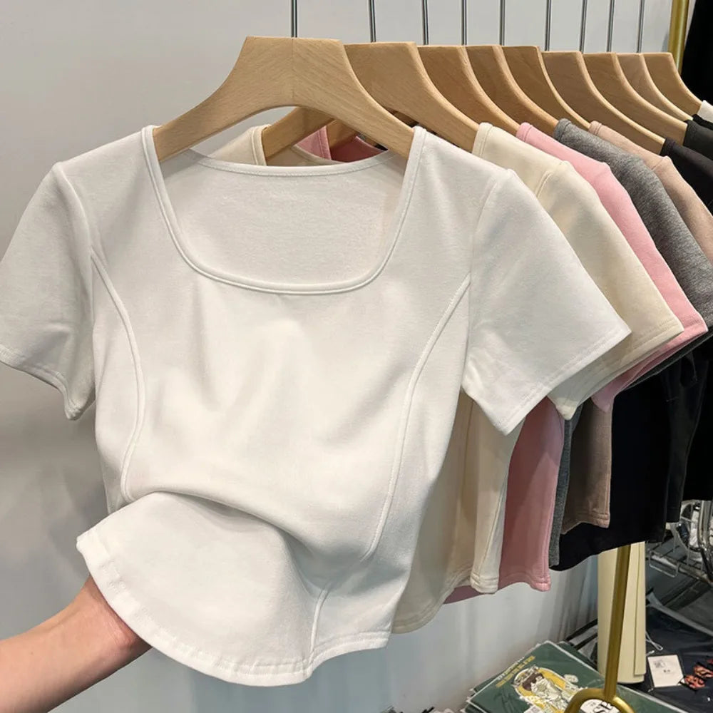 Fashion Summer Square Neck T-shirt Sweet Simplicity Slim Top Casual Trendy Short Top Female