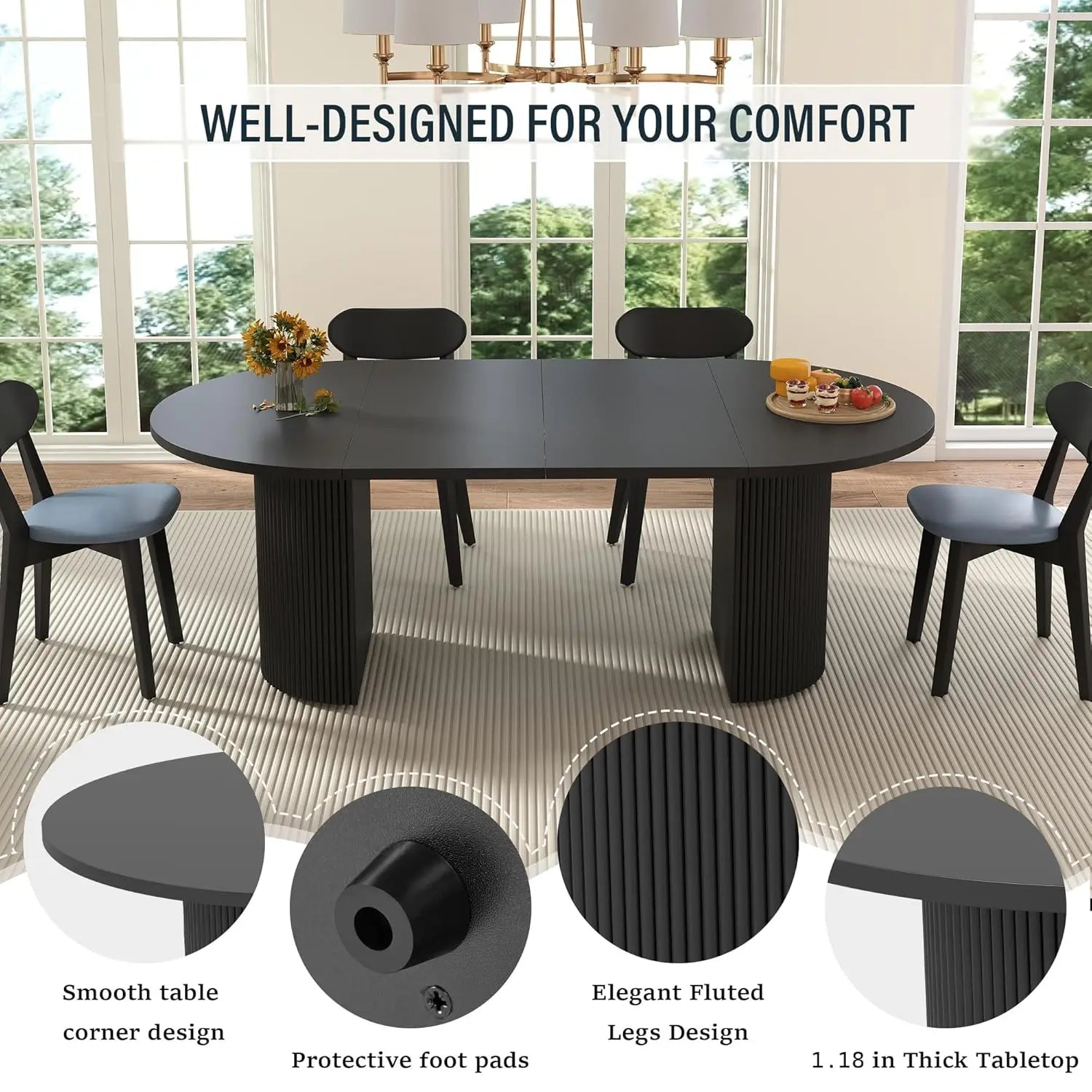 Extendable Dining Table 41-78in Seats 4-8 Round Expandable Kitchen Fluted Base Modern Oval Dining Room Living Room, Customized