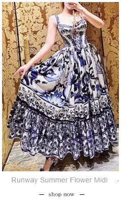 JAMERARY Summer Blue And White Porcelain Flower Printing Floral Long Dress Women Straps Zipper Elastic Backless Midi Vestidos